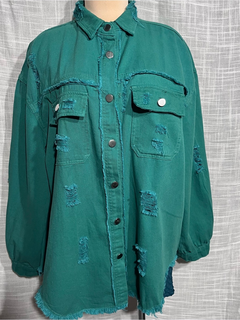 Distressed Green Button-Front Jean Jacket - Picture 10 of 14